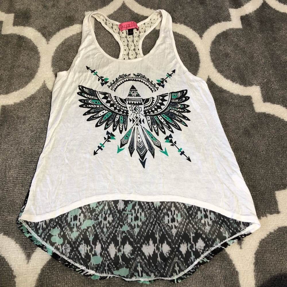 Sugar High Tank Top Womens Small Aztec Southwestern Lace Shirt Eagle White